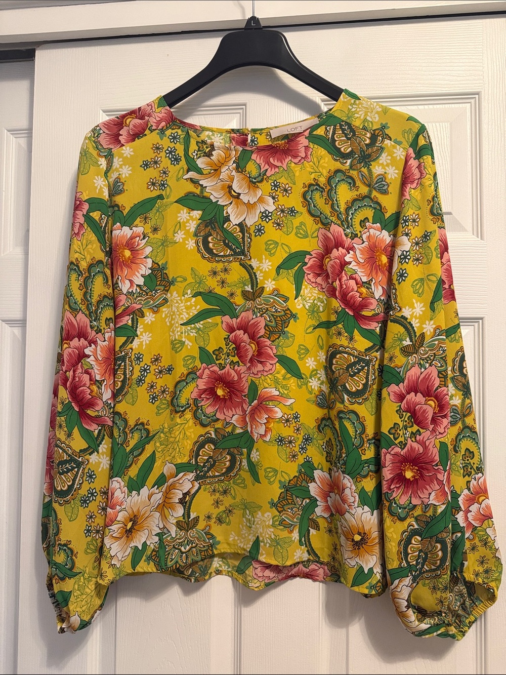 LOFT Yellow Floral Long-Sleeve Blouse with Pink & Green Accents